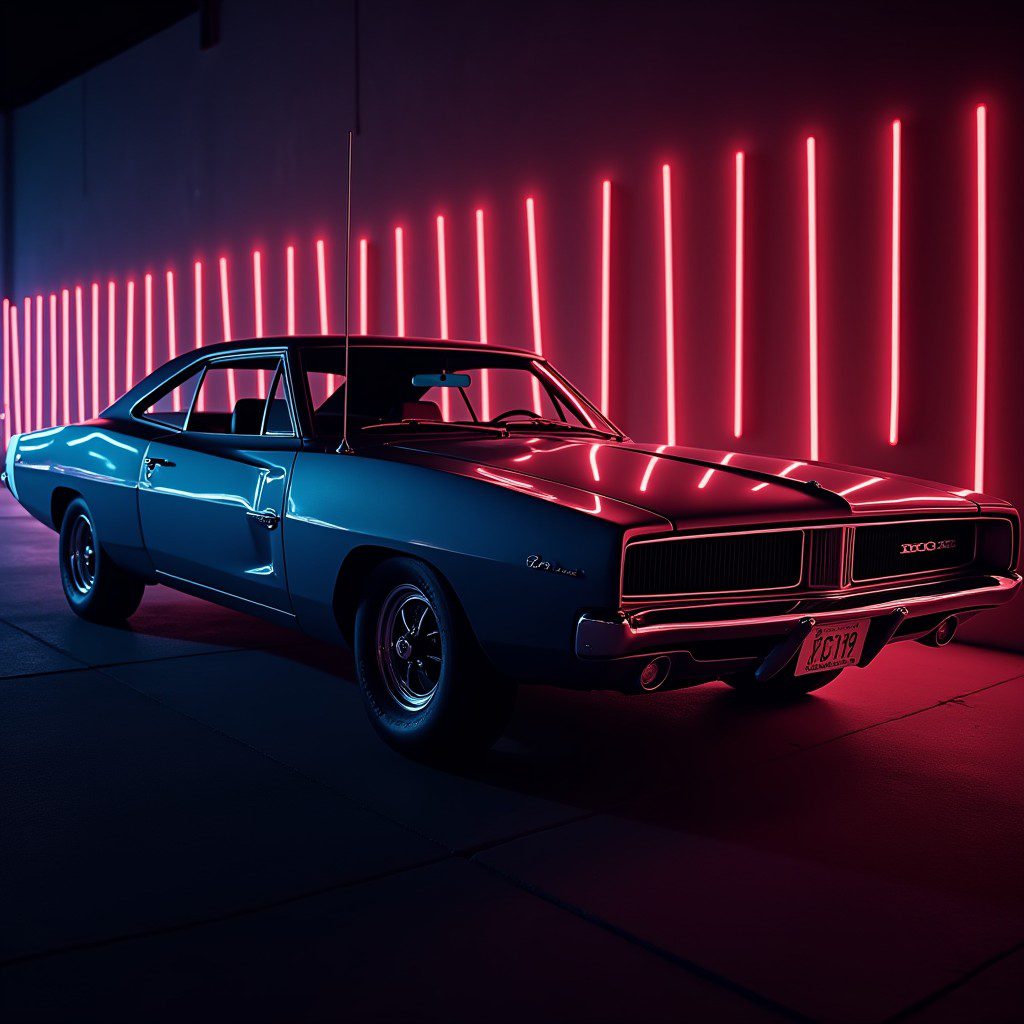 A 1969 Dodge Charger parked under neon lights