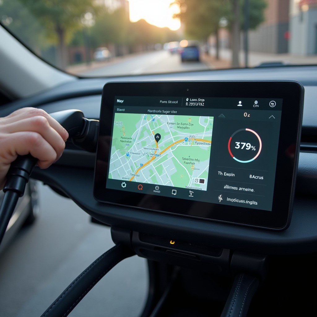 Blazer EV charging at a station with Super Cruise map on screen