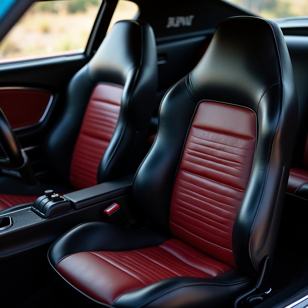 Close-up of interior racing muscle car seats in a restored Mustang