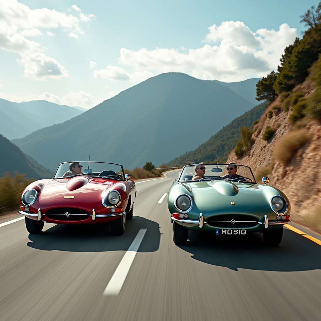 Rolling shot of European sports cars (Ferrari 250, Jaguar E-Type) on a mountain road