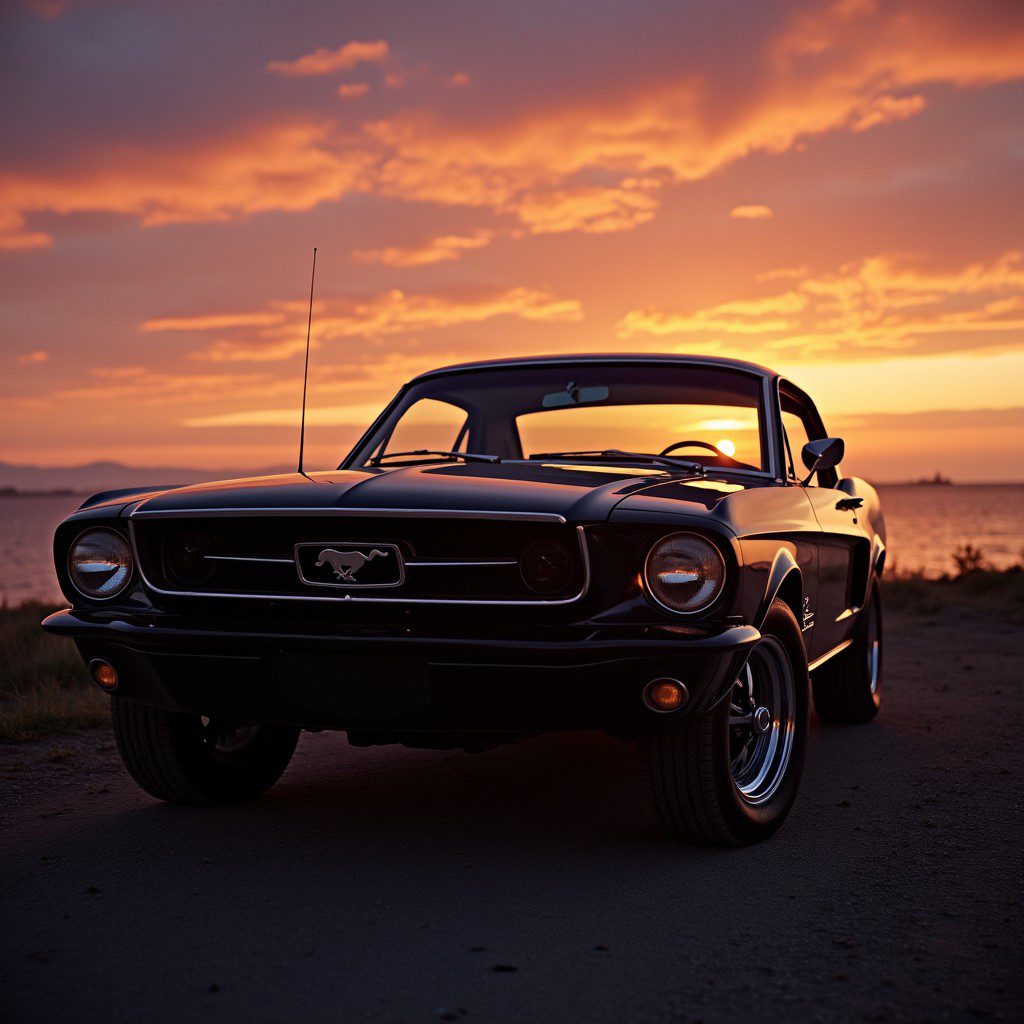 Sunset reflection on a vintage Mustang in Nova Scotia