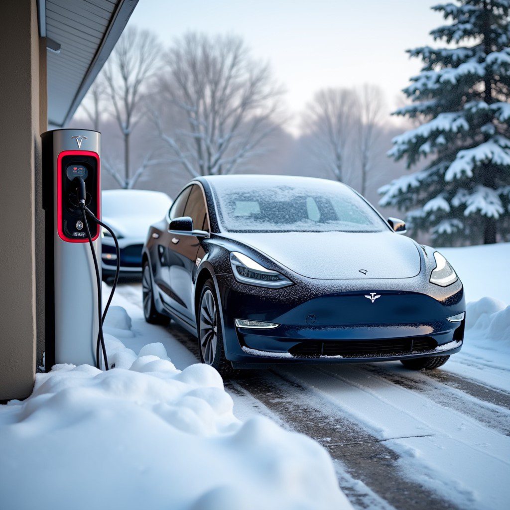 A Tesla or Nissan Leaf charging in a snowy driveway