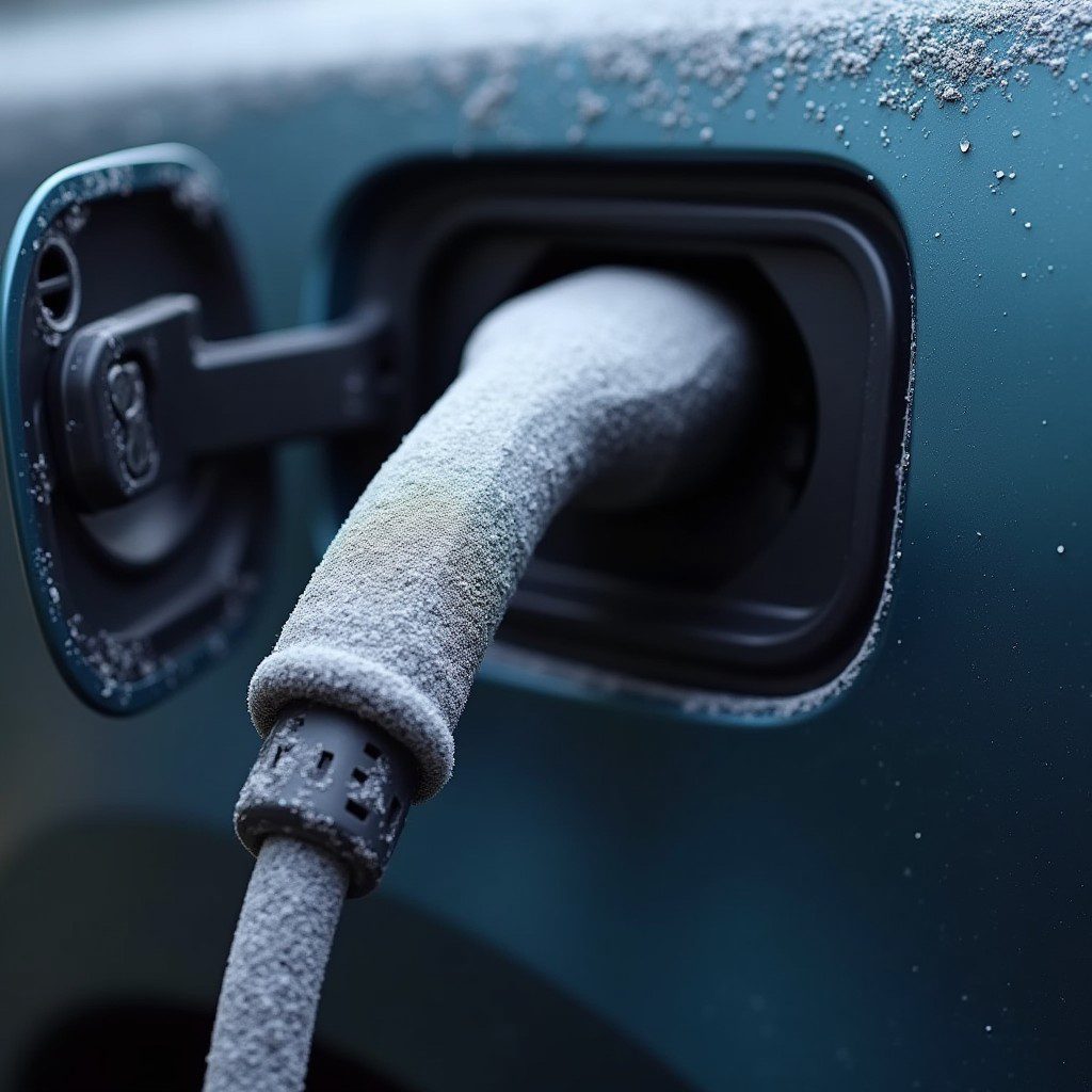 A close-up of an EV charging cable with frost on it