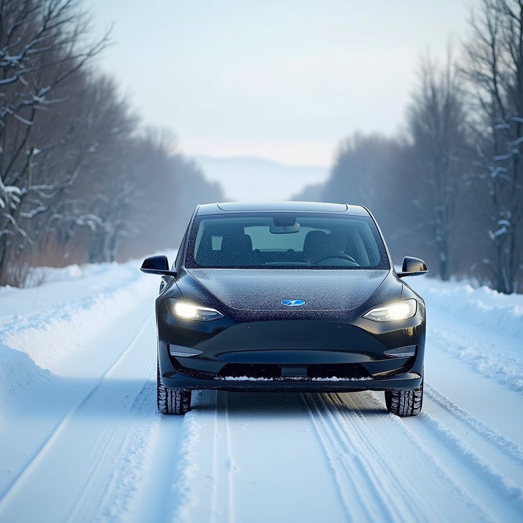 EV car driving on a snow-covered road with winter tires.