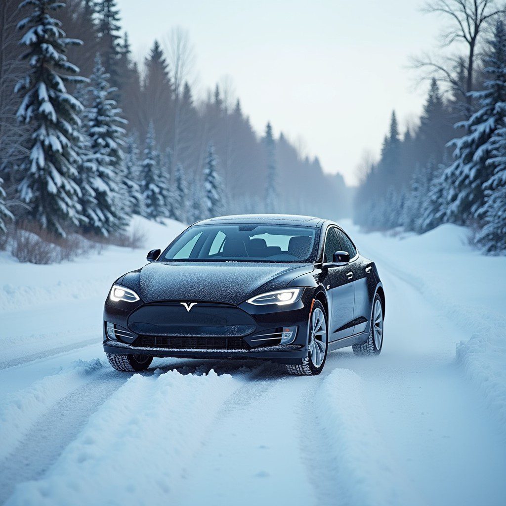 EV driving on a snow-covered road with winter tires.