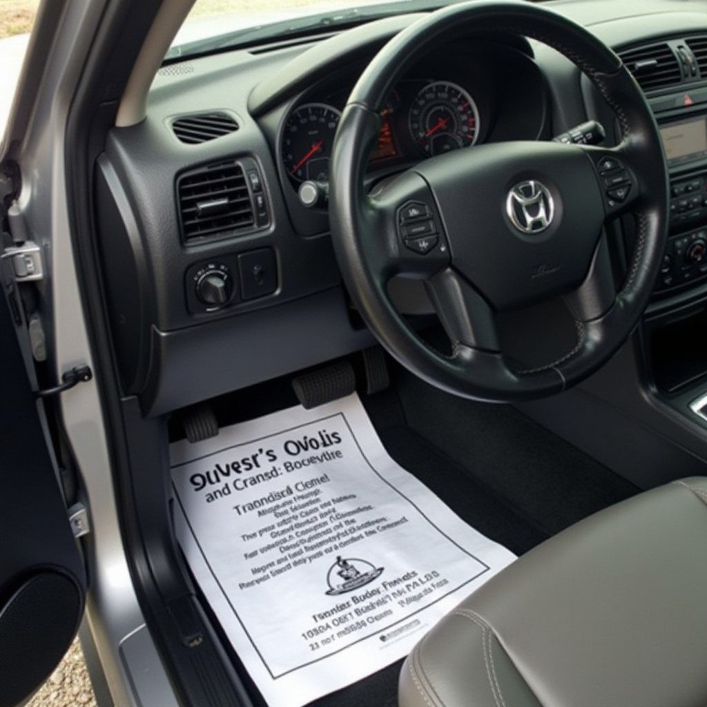 Interior shot of a preowned car with “Buyer’s Guide” paper visible