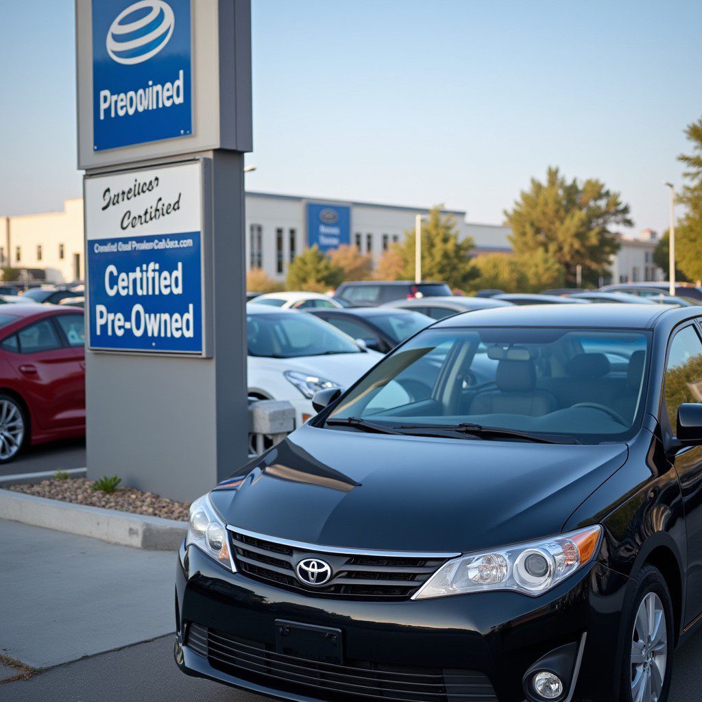 Shot of a used car lot with “Certified Pre-Owned” signs